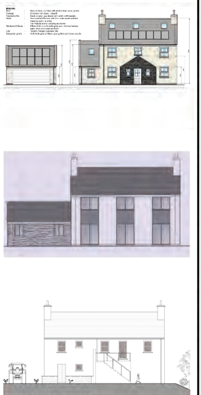 The image displays architectural elevation drawings of a proposed two-storey farmworkers' dwelling with an attached garage, including colored renderings and line drawings.