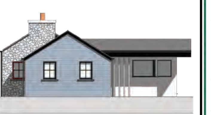 Architectural elevation drawing showing the side view of a proposed two-storey dwelling with a stone chimney and flat-roofed extension.