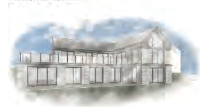 Architectural elevation sketch of a proposed two-storey detached dwelling with large windows and mixed cladding.