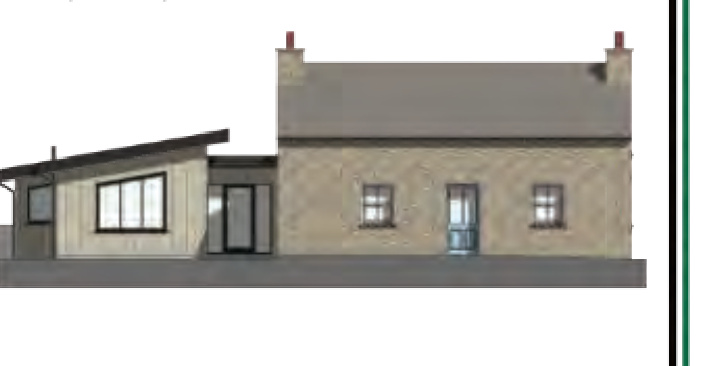 This image displays a perspective elevation drawing of a proposed two-storey dwelling with an attached single-storey extension.