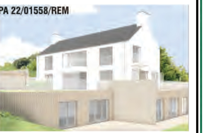 A 3D architectural rendering of a two-story white dwelling with a dark roof and an attached lower extension structure.