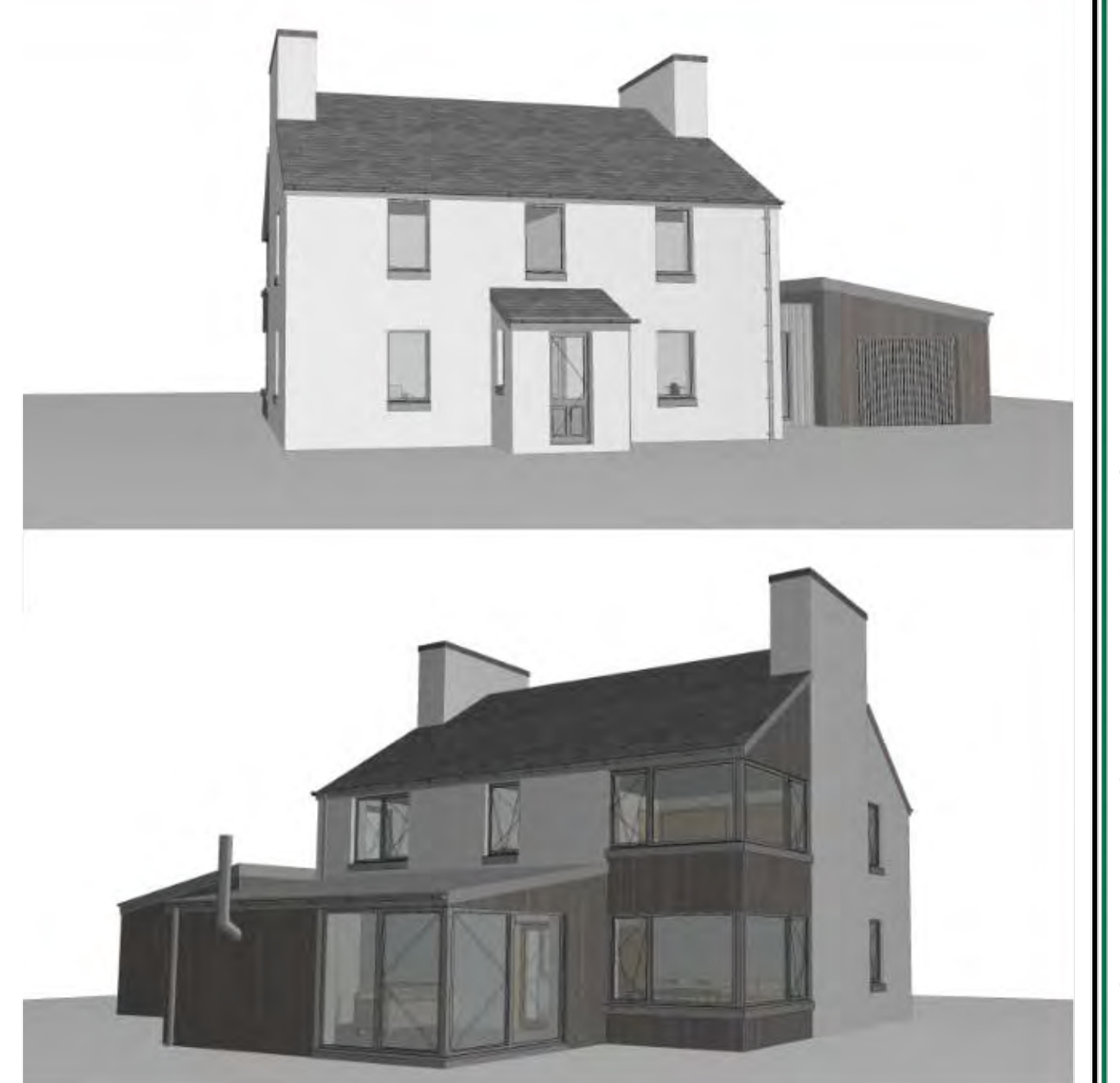 The image displays two architectural perspective renderings of a proposed two-storey dwelling, showing different elevations or design options including an attached garage.