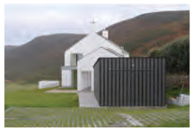 A photorealistic architectural rendering showing a proposed two-storey white house with an attached dark corrugated garage, set in a rural landscape with hills.