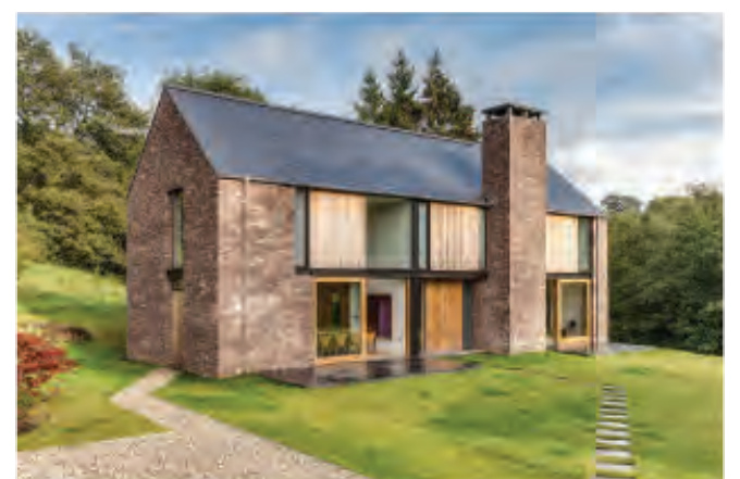 A 3D architectural rendering of a proposed two-storey stone dwelling in a rural setting with landscaping and a path.