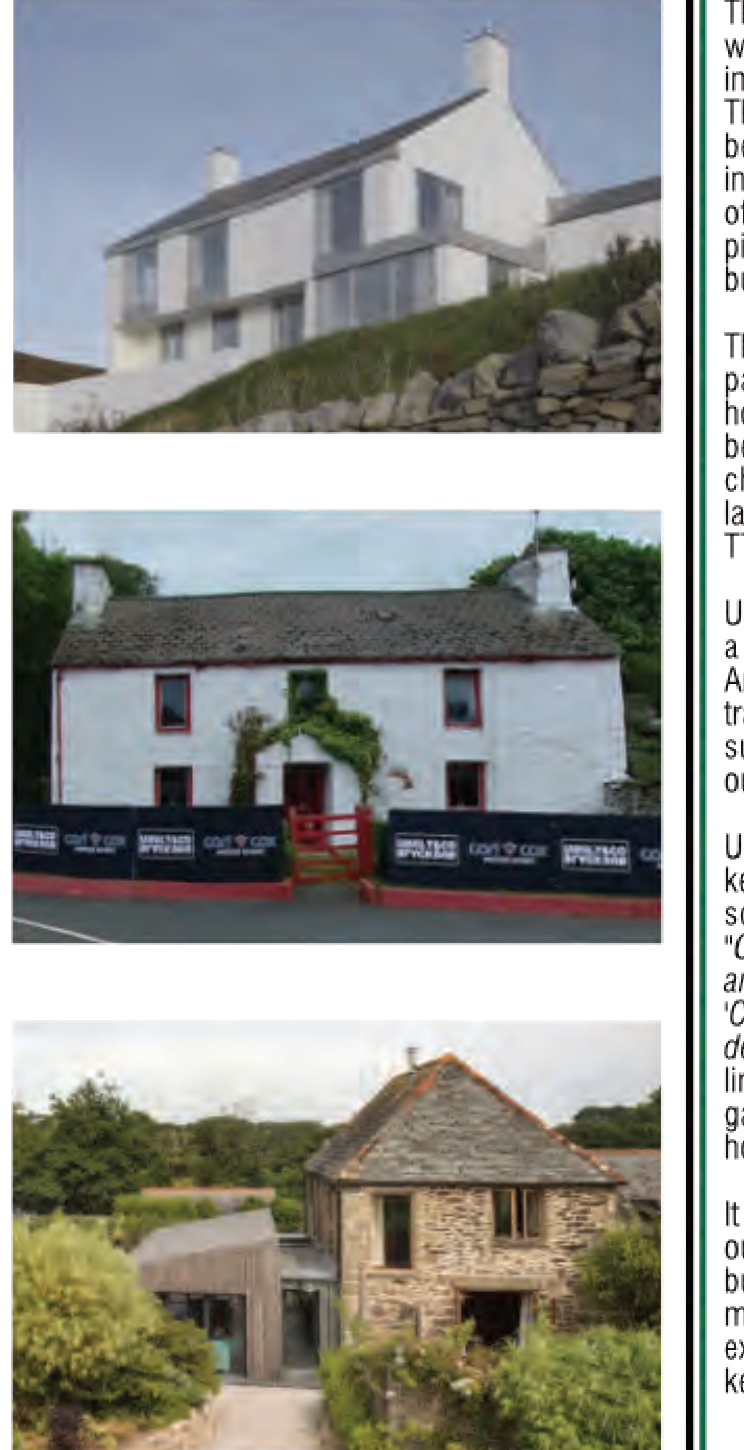 A composite image displaying a perspective rendering of a proposed modern white dwelling alongside photographs of existing rural stone and white cottages.