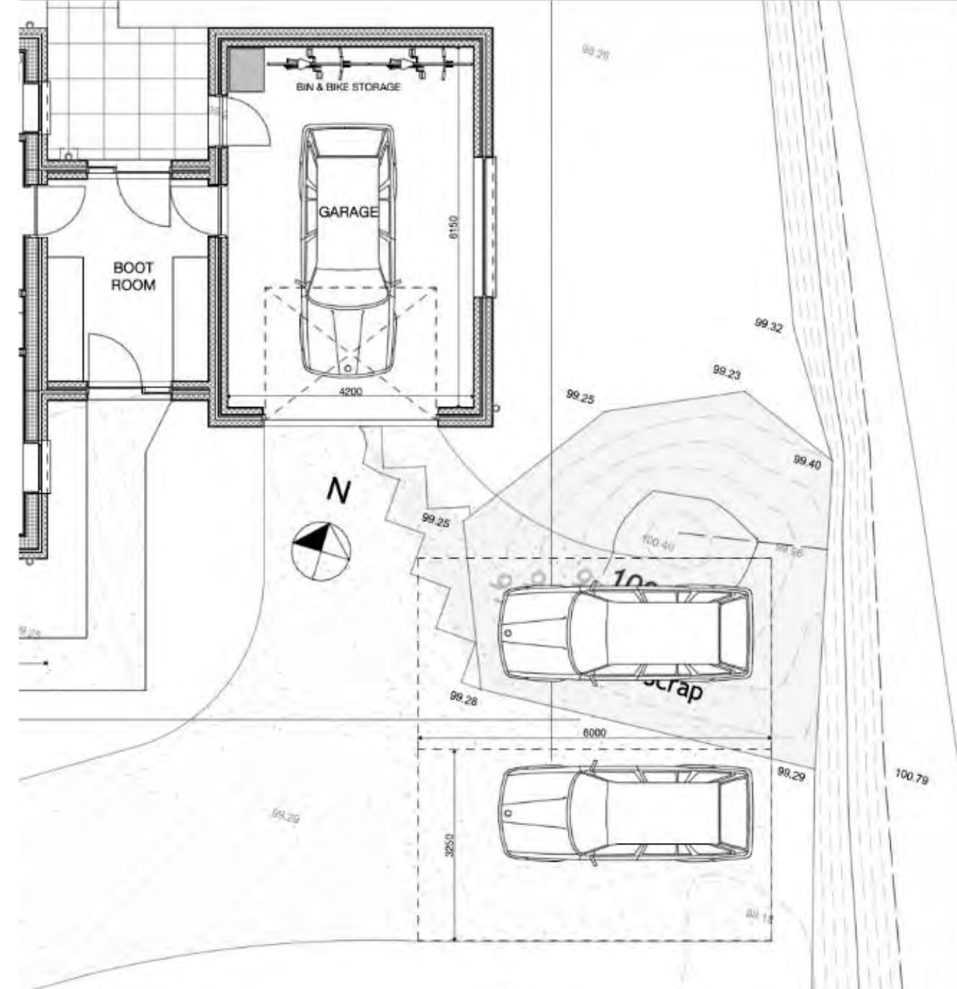 Architectural plan showing a garage layout, boot room, and parking spaces with vehicle outlines and contour levels.