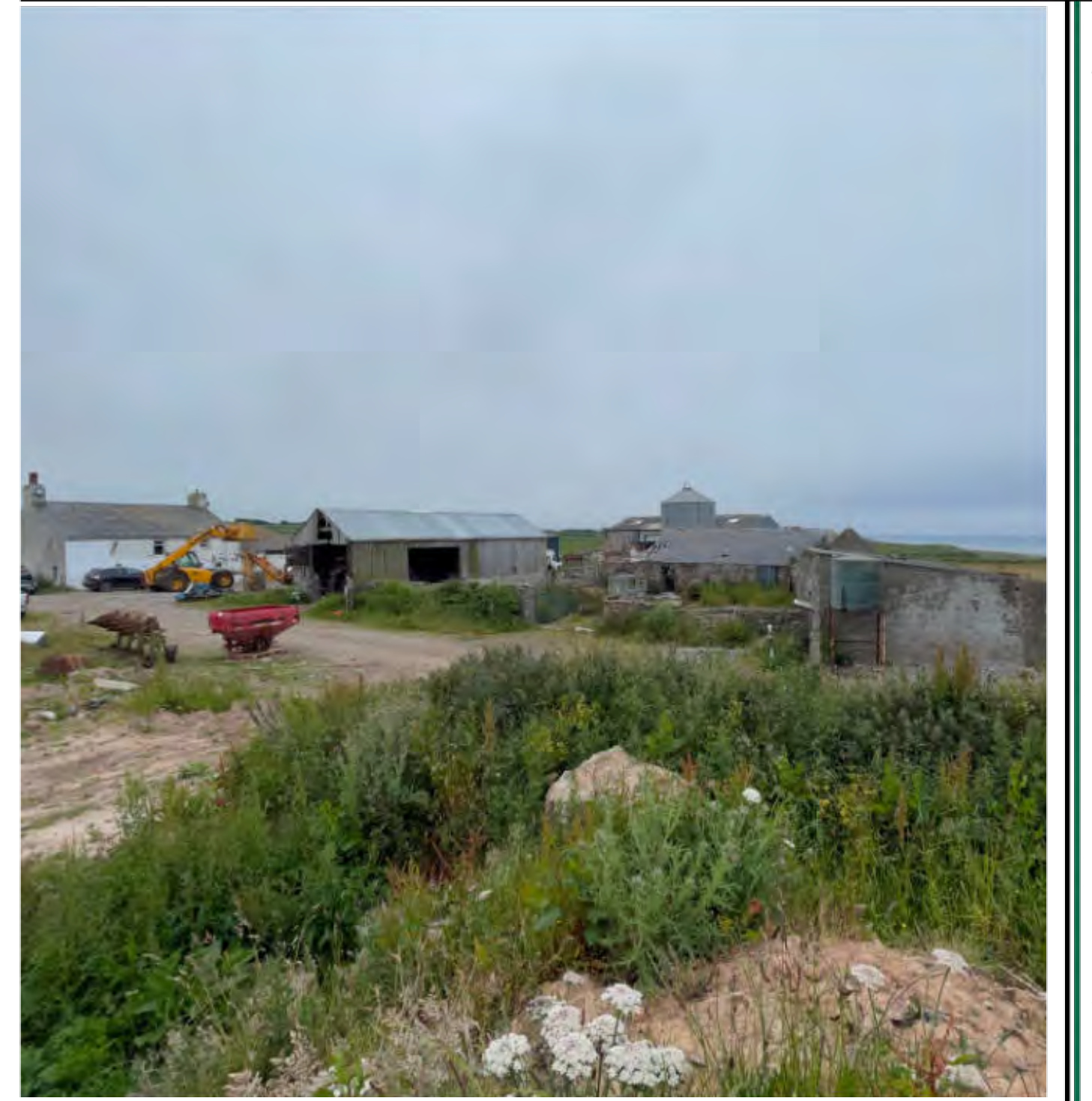 A photograph of a rural farm site showing existing agricultural buildings, machinery, and overgrown vegetation with a coastal view in the background.