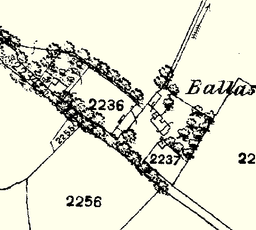 A black and white map extract showing land parcels, boundaries, and vegetation with plot numbers and a partial road name.