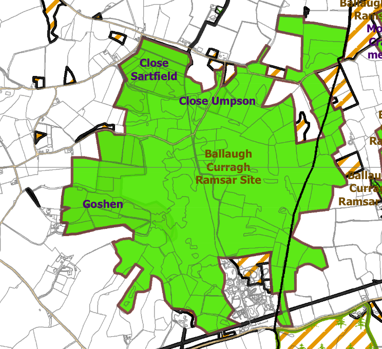 A planning site location map highlighting the Ballaugh Curragh Ramsar Site in green, showing field boundaries and surrounding rural land.