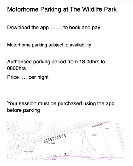 The image displays a text notice regarding motorhome parking regulations and fees, accompanied by a small site plan at the bottom illustrating the parking layout and surrounding features.