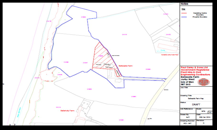 A site plan map showing the boundaries of Ballacalla Farm, with the proposed operating centre area highlighted in red hatching against the property boundary.