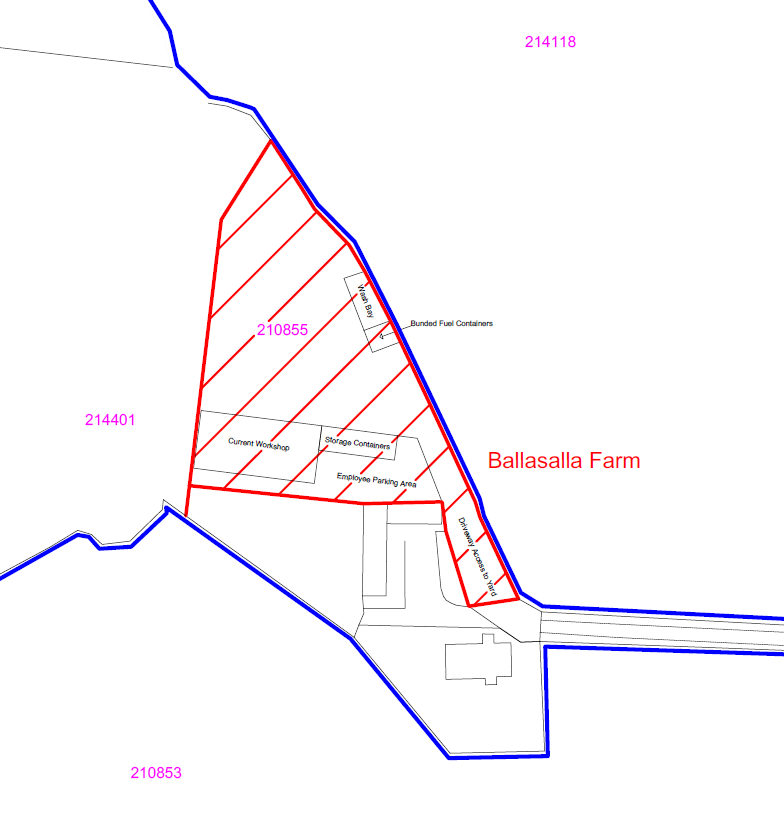 A site plan illustrating the boundaries of Ballasalla Farm, highlighting areas for a workshop, storage, and employee parking within a red hatched zone.