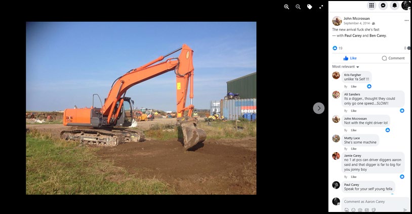 A screenshot of a Facebook post showing an orange excavator operating in a muddy field next to a green industrial building.