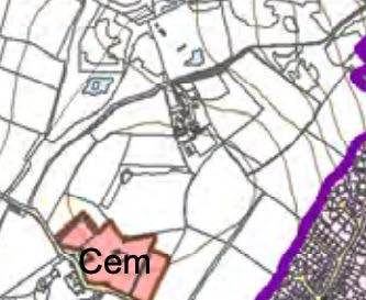 A site location map showing land boundaries, roads, and a highlighted area labeled 'Cem' indicating a cemetery.