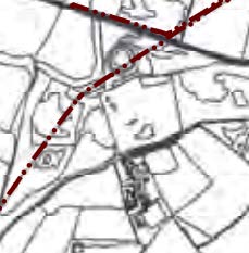 A black and white site plan or location map showing property boundaries and roads with a red dashed line overlay.