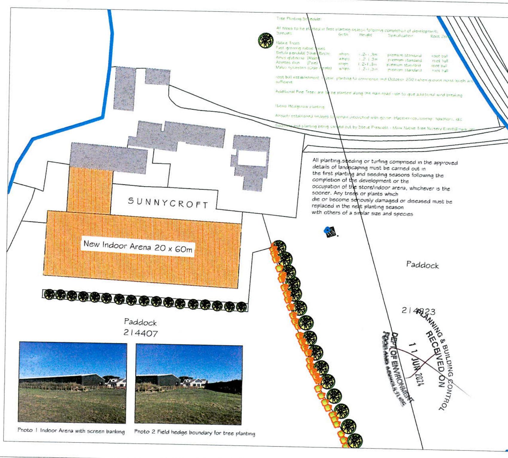 A site plan illustrating the proposed location of a new 20x60m indoor arena next to an existing building, including landscaping details and inset photos of the current site.