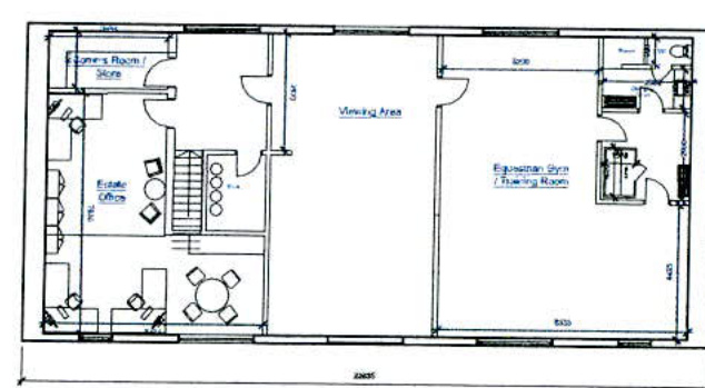This image displays a black and white architectural floor plan for a proposed equestrian facility. The layout includes an estate office, viewing area, and equestrian gym/tack room with furniture and dimensions.