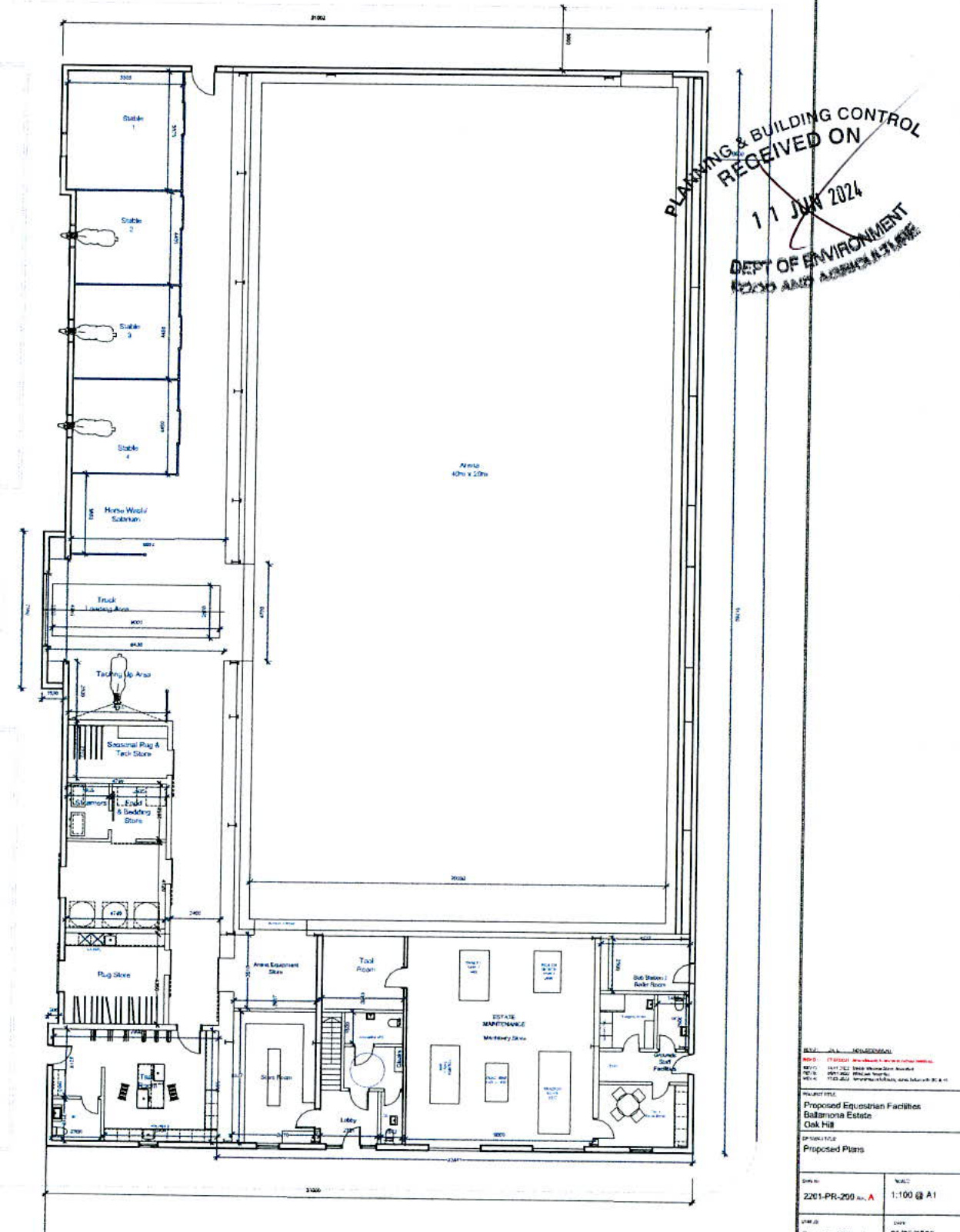 Architectural floor plan showing the layout of a proposed equestrian facility with stables, arena, and office areas.