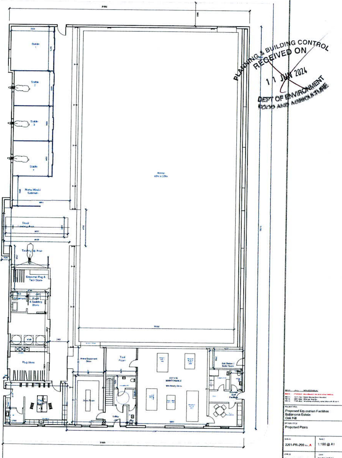 This is a black and white architectural floor plan showing the layout of a proposed equestrian facility with stables, an arena, and office spaces.