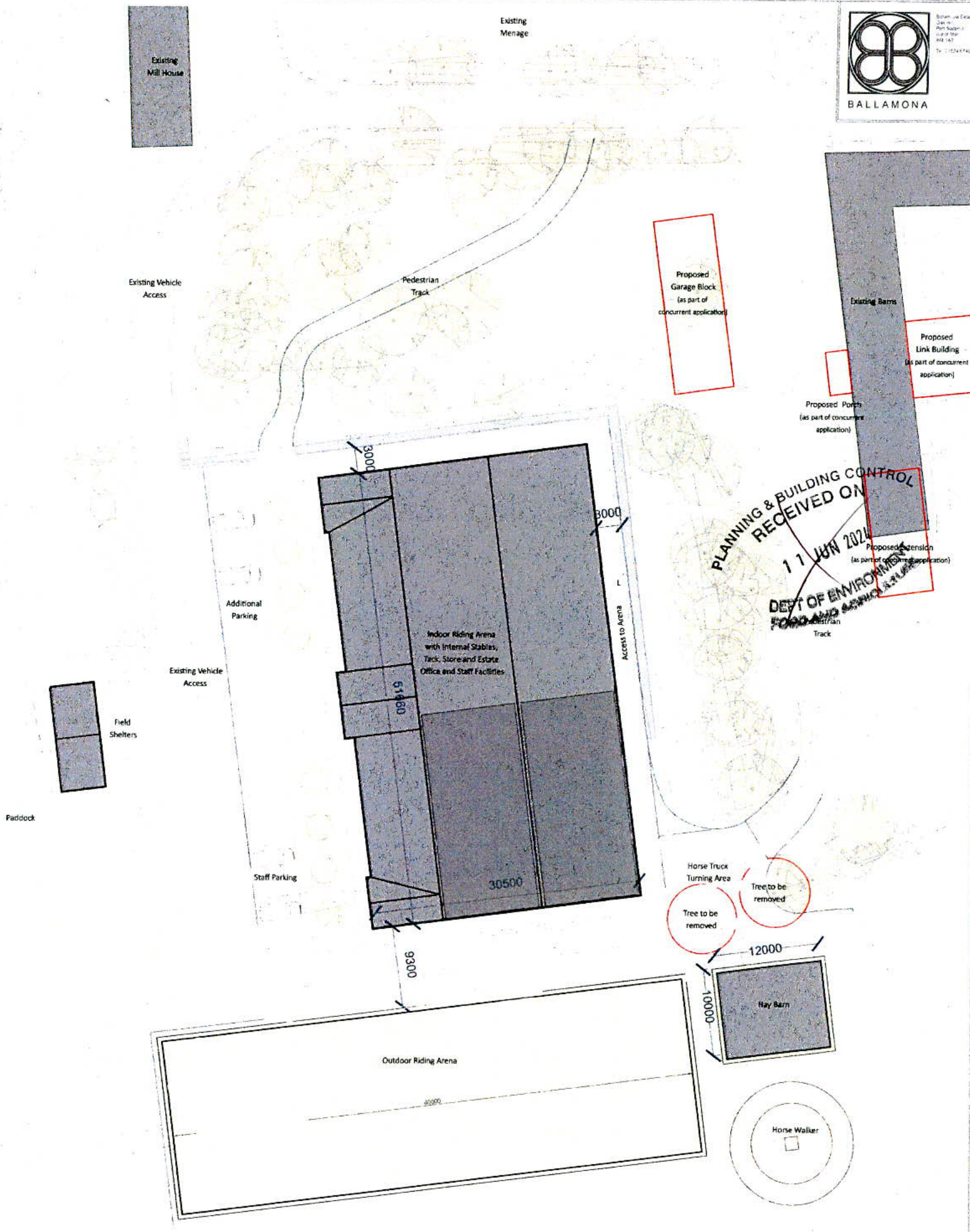 A site plan illustrating proposed equestrian facilities, including an indoor riding arena and stables, integrated with existing structures like a mill house and menage.