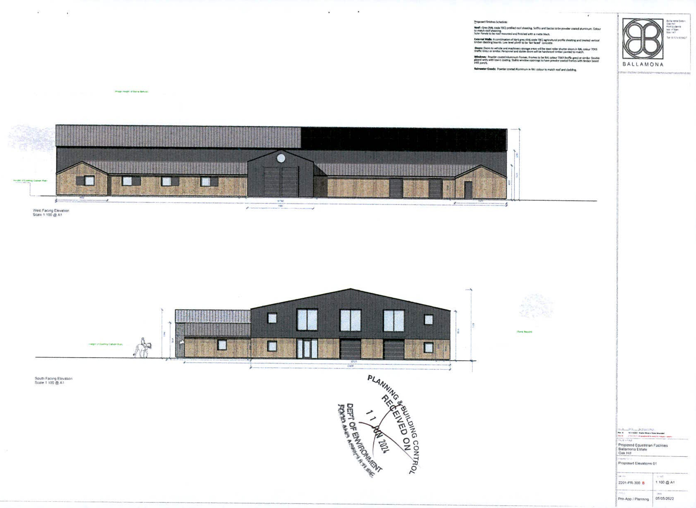 Architectural elevation drawings displaying the west and south facades of a proposed equestrian building with material specifications and dimensions.