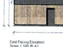 This image displays a technical architectural drawing labeled 'East Facing Elevation' showing a building section with dimension lines and material hatching.