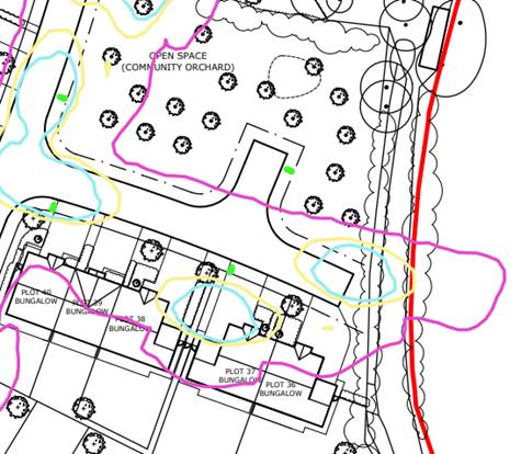 A site plan showing residential bungalow plots and an open space community orchard with landscaping details and boundary lines.