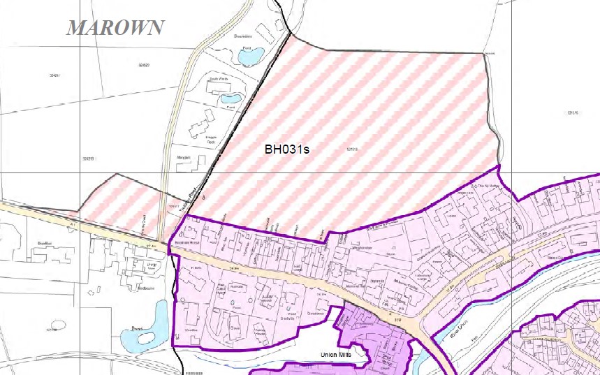 A planning map showing the Marown area with a specific site labeled BH031s highlighted in pink hatching and settlement boundaries outlined in purple.