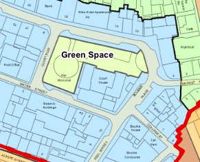This image displays a site location plan or cadastral map showing property boundaries, street names, and a designated 'Green Space' area.