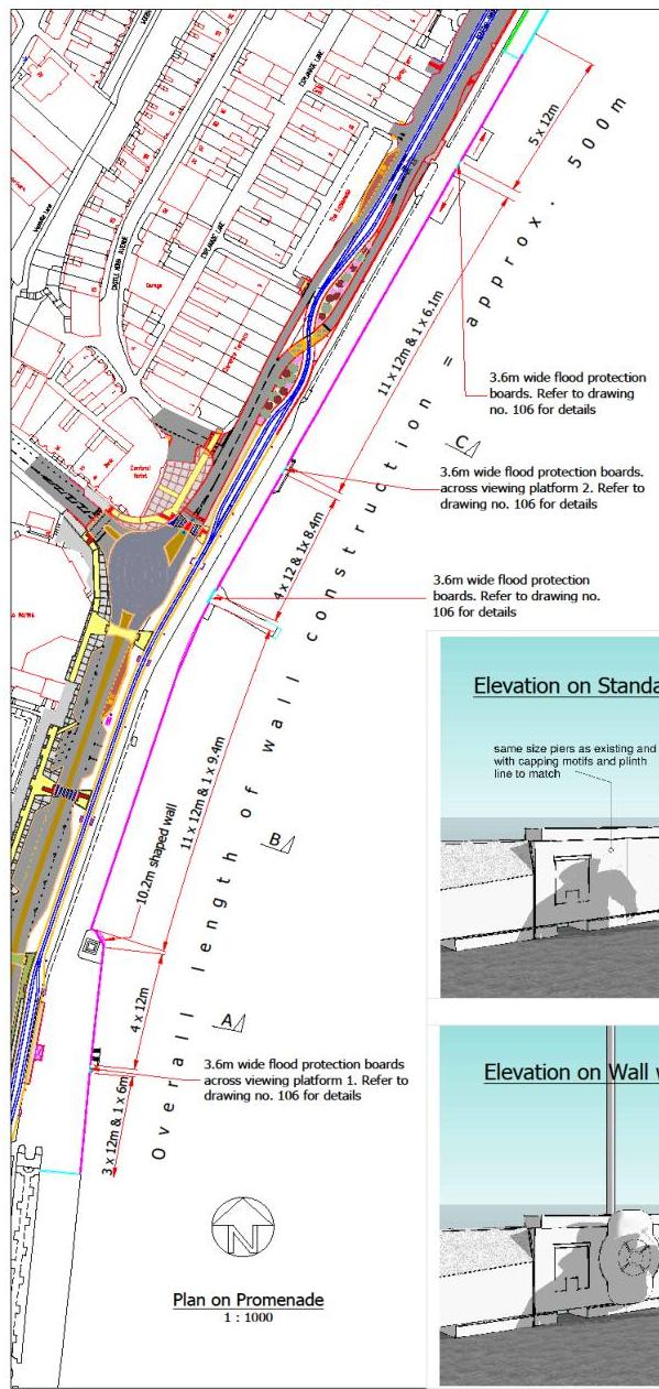 Technical engineering drawing showing a plan view and elevations for a 500m long coastal sea wall construction project.