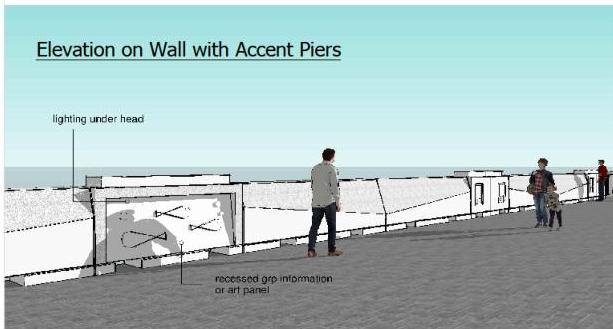 Architectural elevation drawing showing a proposed sea wall design with accent piers, lighting, and people for scale.