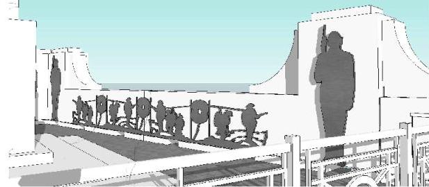 A 3D rendering or elevation drawing depicting a proposed sea wall design featuring silhouettes of soldiers and cannons along a coastal promenade.