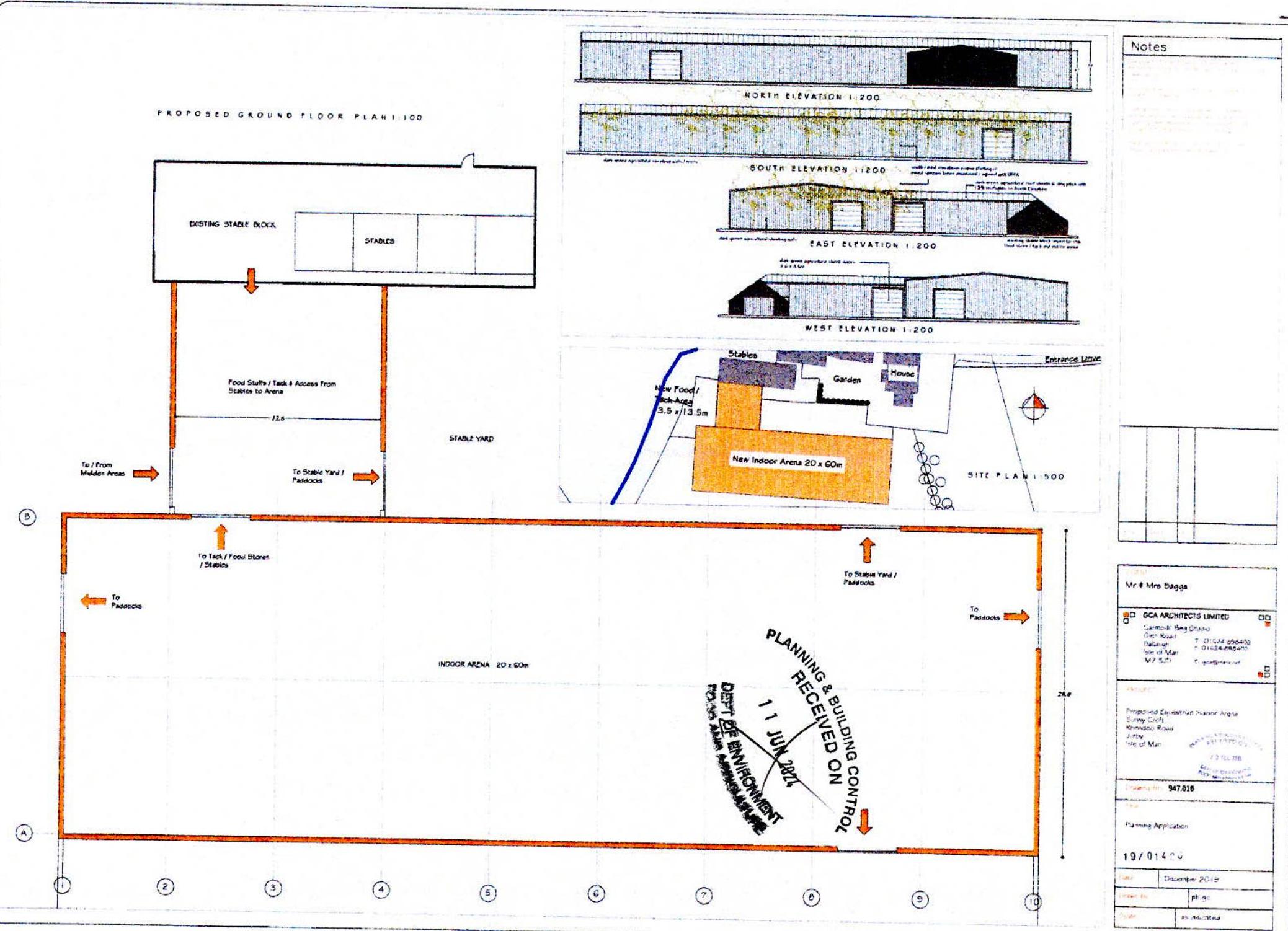 The image displays a set of architectural drawings for a proposed equestrian facility, including a ground floor plan, site plan, and four elevations of the stable block and indoor arena.