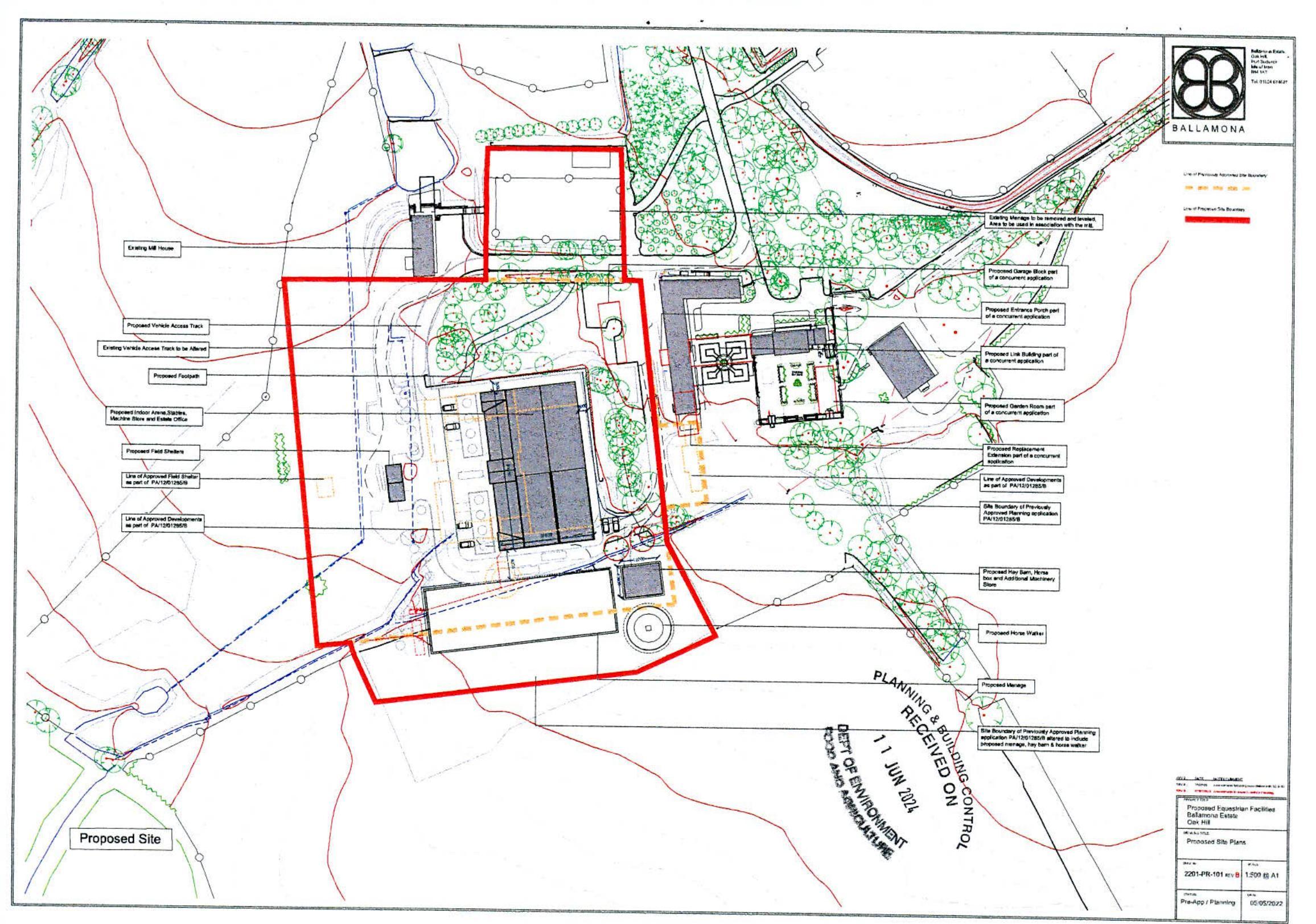 The image shows a detailed site plan for a planning application, highlighting the proposed site boundary in red and illustrating existing and proposed structures including a mill house and equestrian facilities.