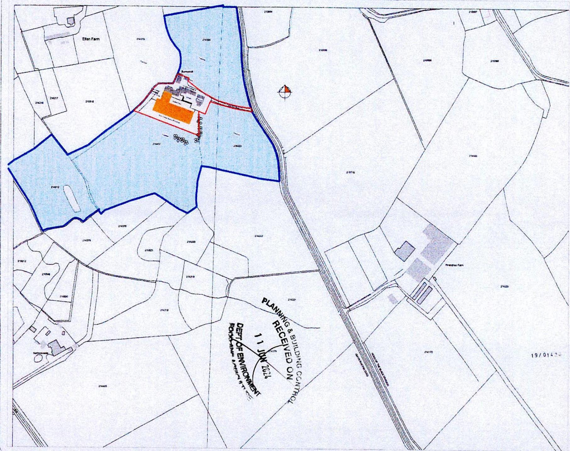 A site location map showing the proposed development site highlighted in orange within a larger blue boundary, surrounded by rural fields and nearby farms.