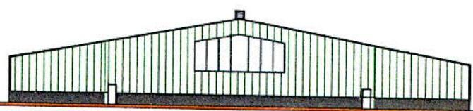 Architectural elevation drawing of a large single-storey equestrian building with a pitched roof and vertical cladding.