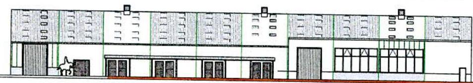 Architectural elevation drawing of a long, single-story equestrian building featuring multiple bays, doors, and a horse figure for scale.