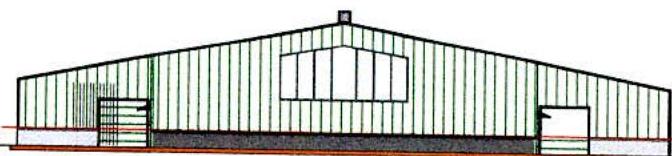 This image shows an architectural elevation drawing of a large, single-story equestrian building with a pitched roof and vertical cladding.