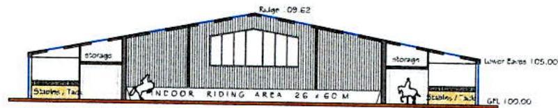 This image displays an architectural section drawing of a proposed equestrian building, detailing an indoor riding arena, stabling, and storage areas with height dimensions.