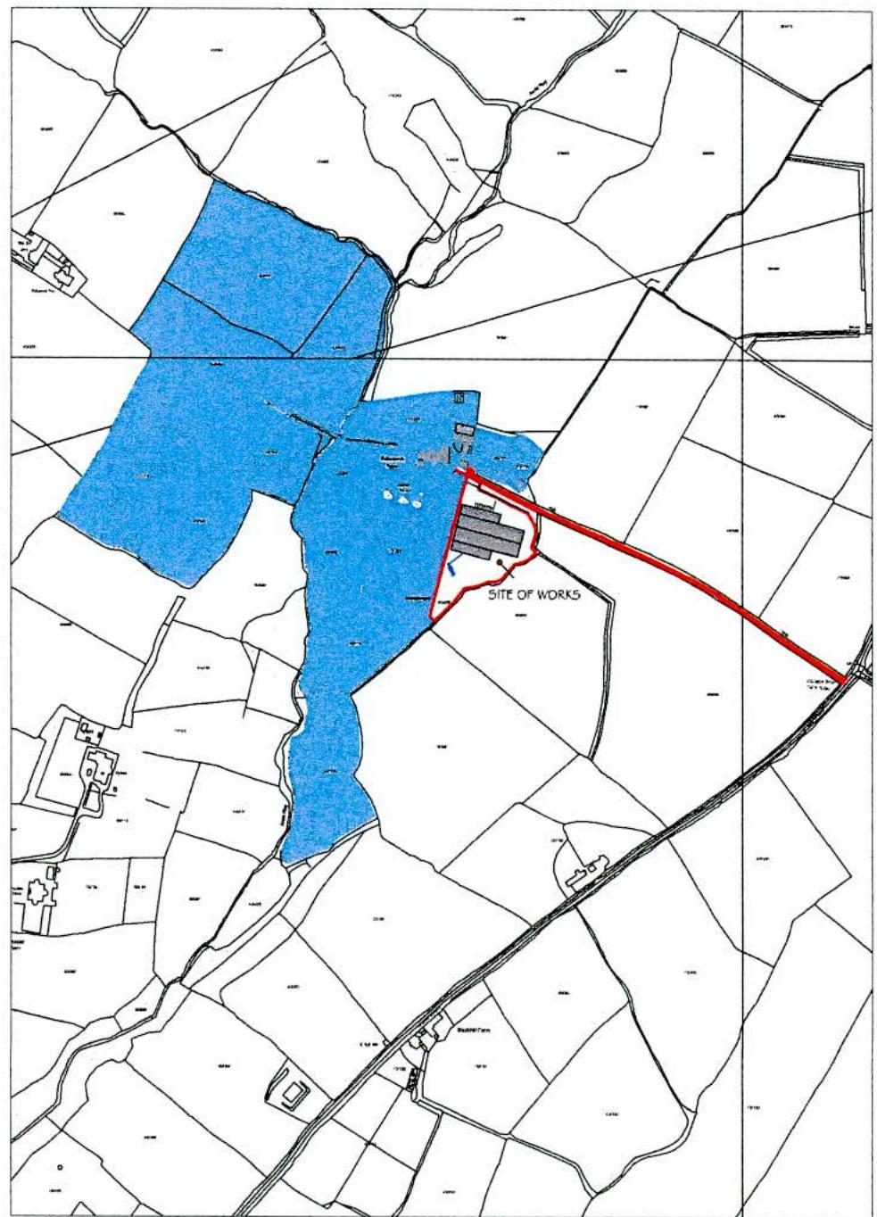 A site location plan map showing a red outlined area labeled 'SITE OF WORKS' superimposed on a topographical map with blue shaded land parcels.