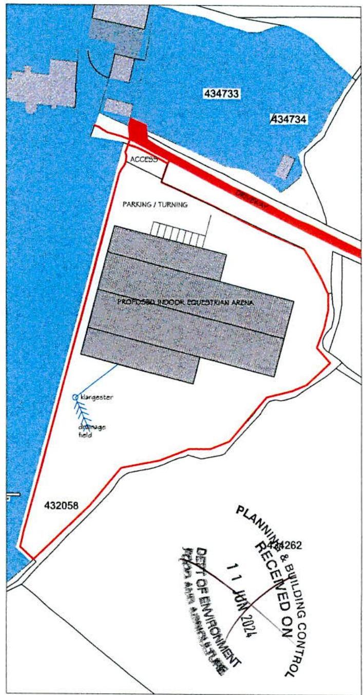 A site plan showing the proposed location of an indoor equestrian arena, including parking, access, and drainage details within a red boundary.