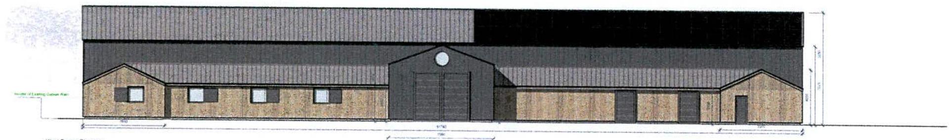 This image displays an architectural elevation drawing of a proposed long, barn-style equestrian building with a central gable and smaller sections on either side.