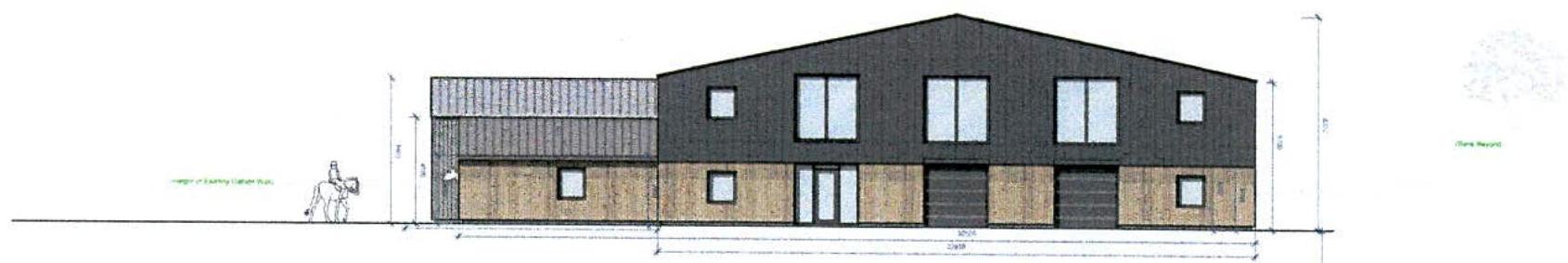 Architectural elevation drawing of a large equestrian building featuring dark upper cladding and timber lower cladding, with dimension lines and a small sketch of a horse.
