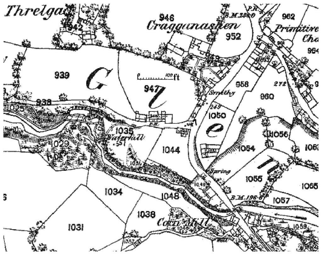A black and white historical topographical map showing field boundaries, buildings, and elevation markers.