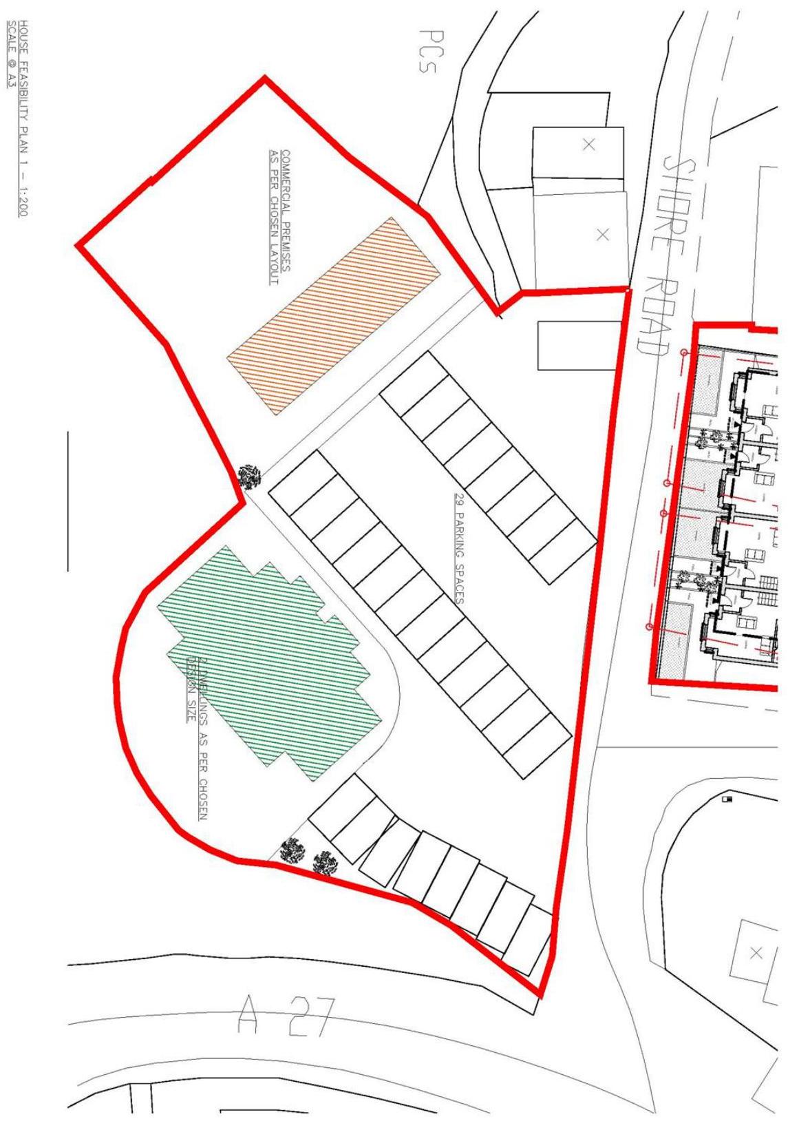 A house feasibility plan showing a site layout with a red boundary, including areas for commercial breweries, 23 parking spaces, and landscaping near Shore Road.