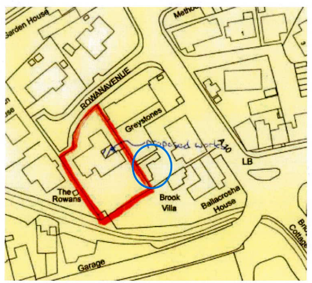 A site plan map showing a property on Rowan Avenue with a red boundary outline and a blue circle around a building labeled 'Brook Villa' marked for proposed works.