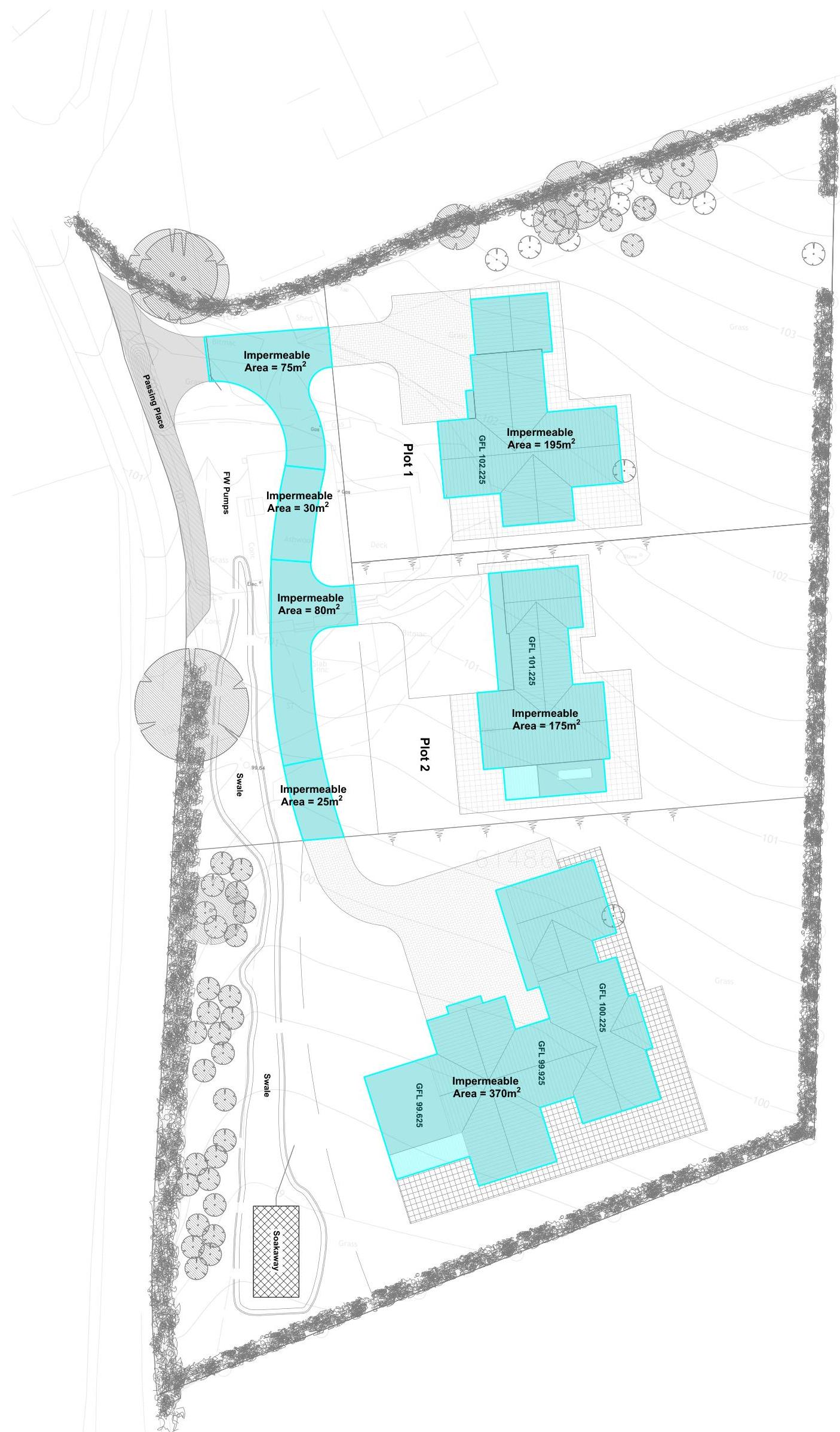 A site plan illustrating the layout for three new detached dwellings, showing building footprints, impermeable area calculations, and the proposed access driveway.