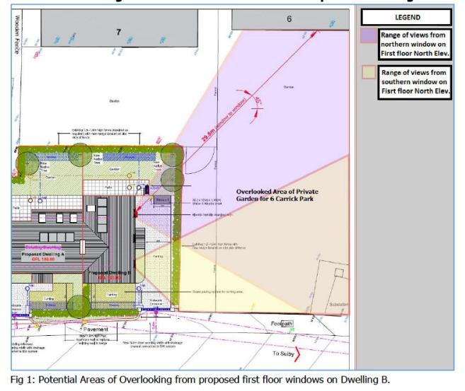 A technical site plan diagram illustrating potential overlooking areas from proposed first-floor windows onto a neighboring private garden, featuring colored view overlays and property boundaries.