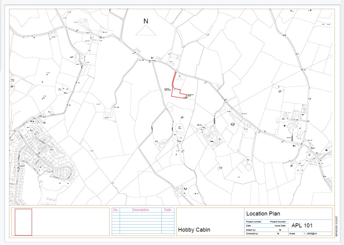 A black and white location plan showing the proposed site boundary outlined in red within a rural setting of fields and roads.