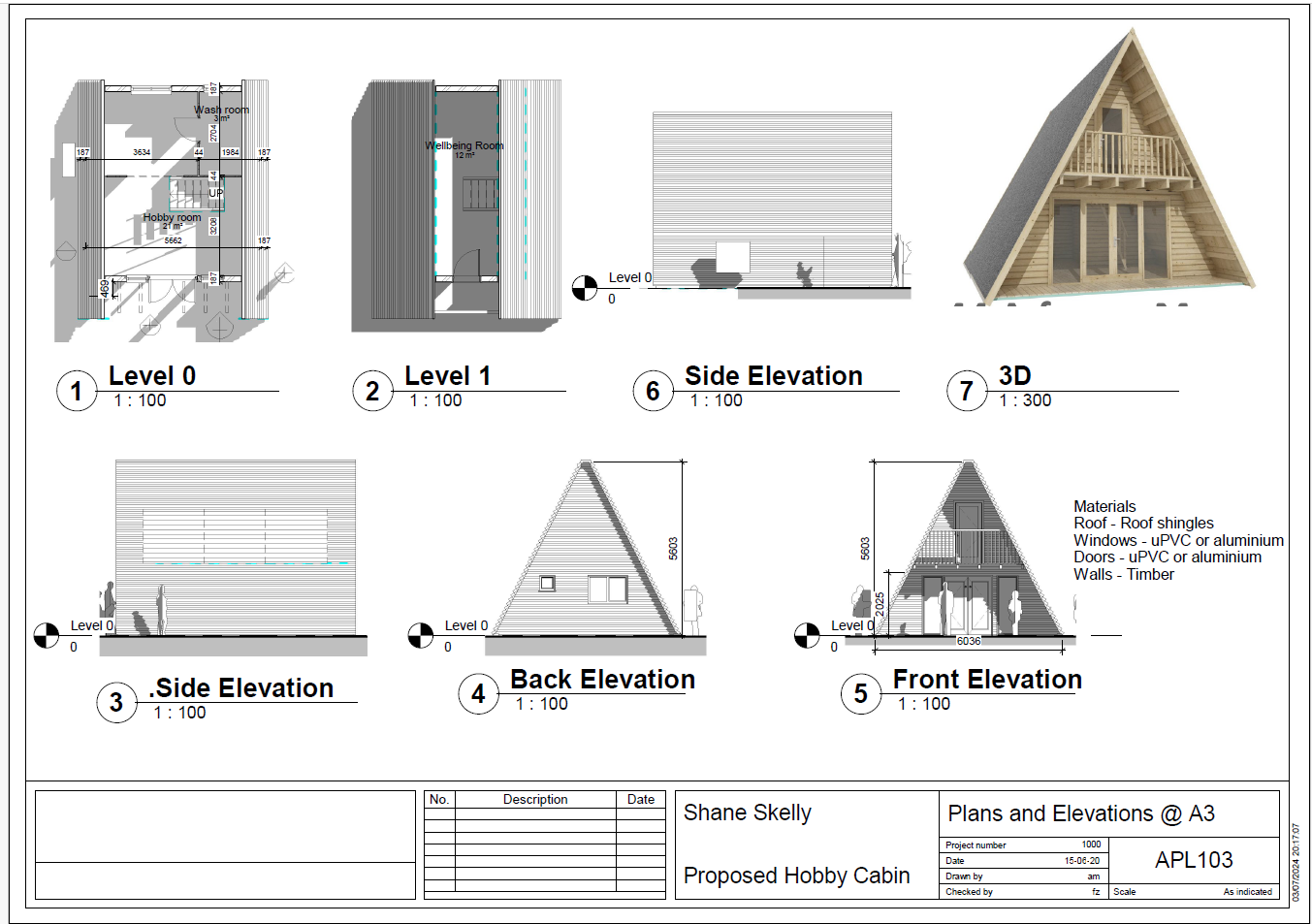 This image displays a set of architectural drawings for a proposed hobby cabin, including floor plans for two levels, elevations, and a 3D perspective view.